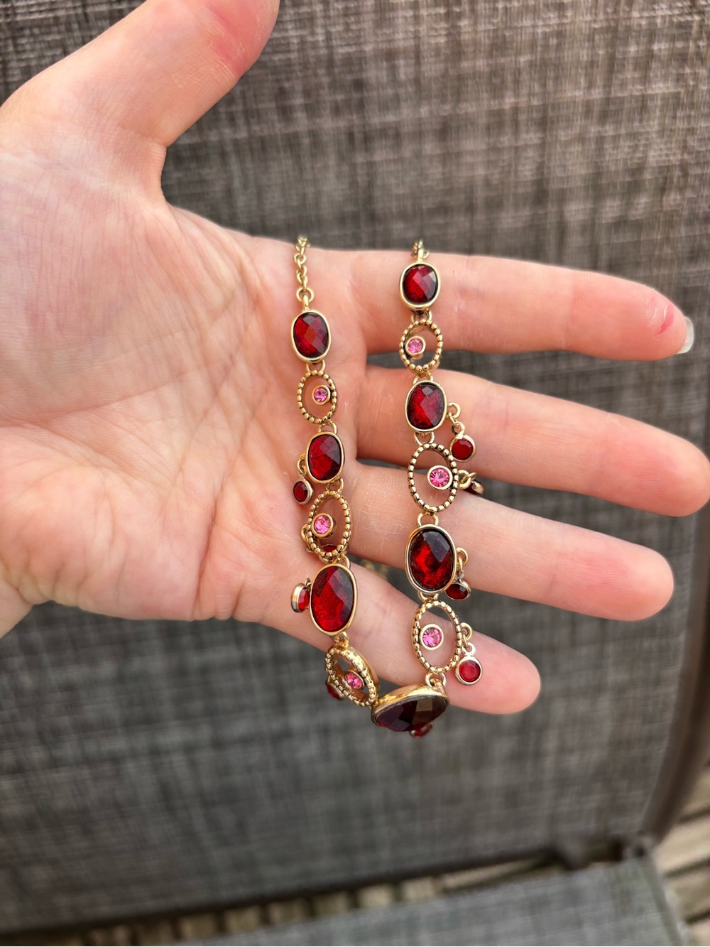 Gold-Tone Red Crystal Link Necklace with Pink Rhinestones Vintage
